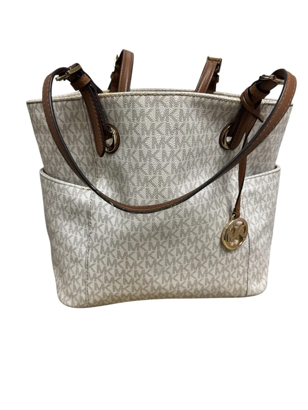 Michael Kors Cream Logo Tote Bag with Tan Leather Straps Minor Flaws Med Size